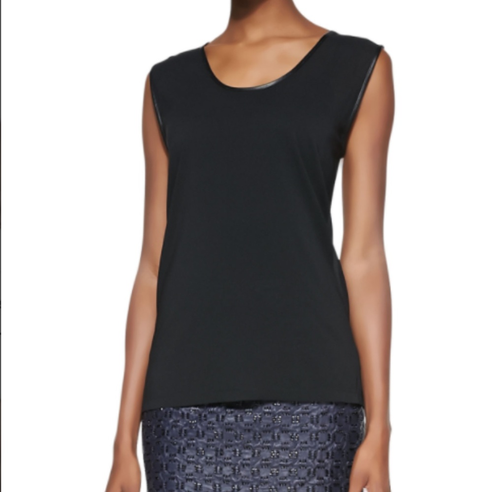 Andrew Mark Leather Trim Black Silk Blouse